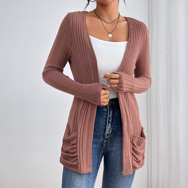 European and American Solid Long-Sleeve Mid-Length Knitted Cardigan with Pockets - Autumn/Winter Sweater