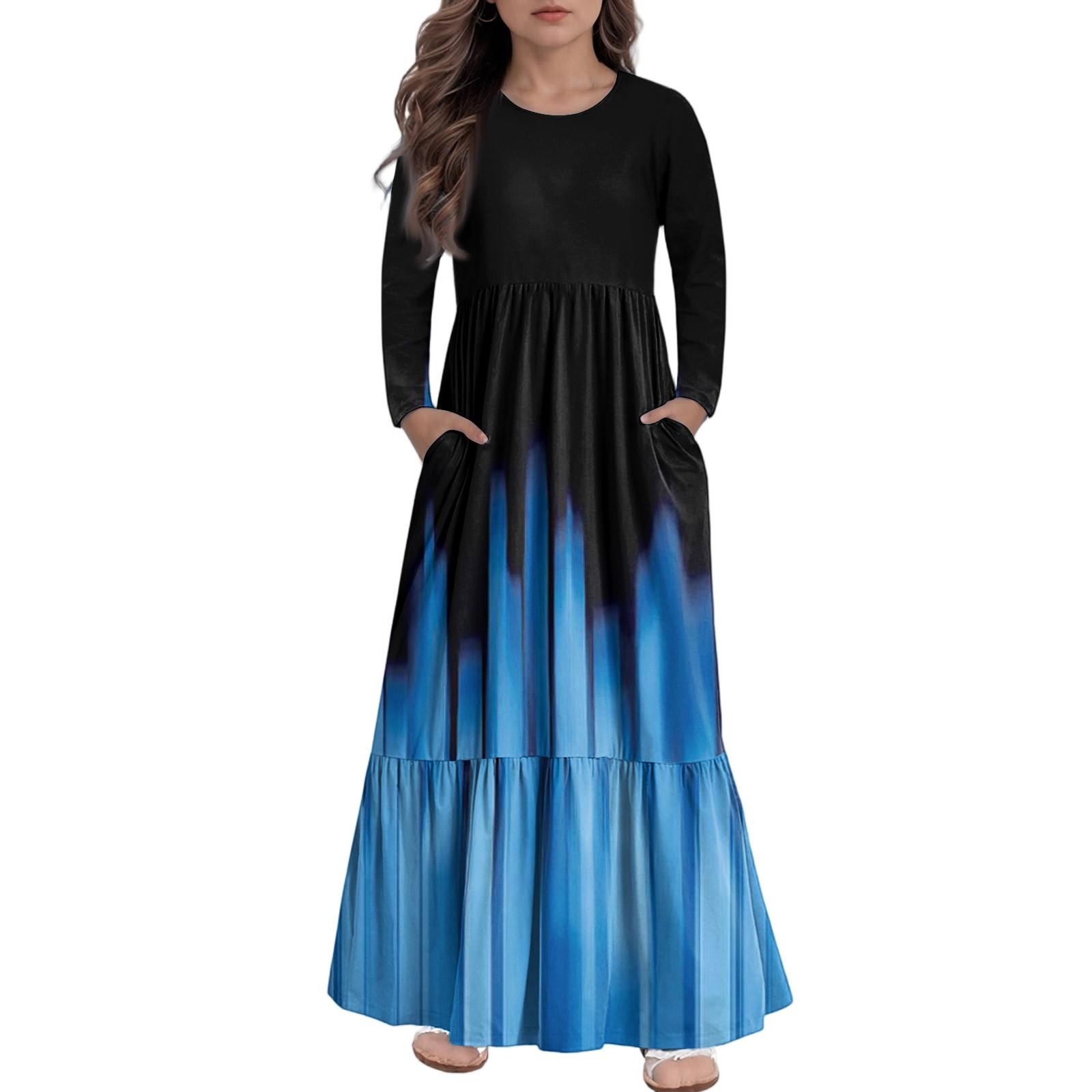 

Дівоча сукня максі, повсякденні святкові сукні - сукня з довгим рукавом та кишенями для 4-14 років 160 синій