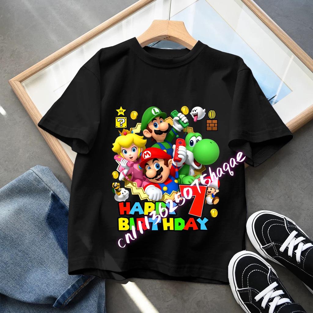 Cartoon Super Marios Children Birthday Number TShirt Clothes Party Figure Print Boys BabyTShirt Blue Short Sleeve Tops Tee Gift