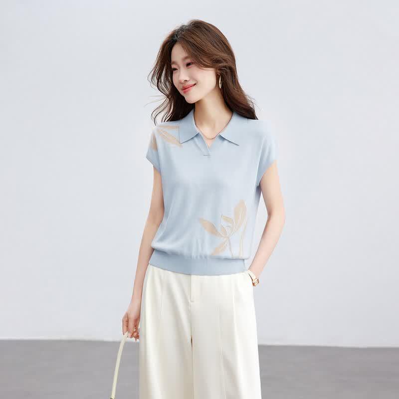 Srcr Women s Silk Blend Jacquard Knit Lapel T-Shirt L