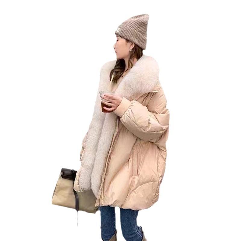 Imitation Fox Fur Winter Women's White Duck Down Jacket Loose Warm Down Jacket Women's Thick Medium Length Parka Coat