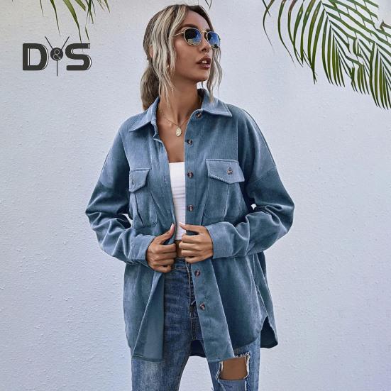 Spring Fall Coat with Chest Pockets Button-down Turn-down Collar Solid Color Corduroy Jacket Loose Casual Outerwear for Travel Work