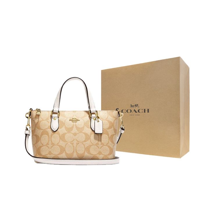 Coach Gallery 20 Zip Closure Classic Print Canvas And Leather Handbag Shoulder Bag Crossbody Bag Small Women Handbags Khaki White CH468-IMDQC