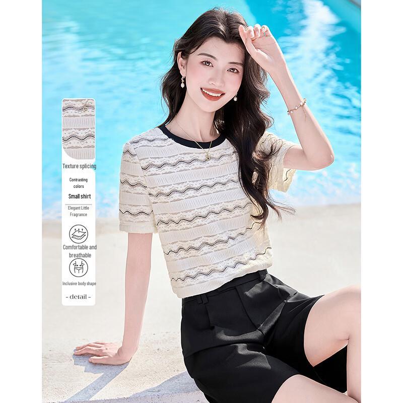 Elegant Textured Patchwork Short Sleeve Women s T-Shirt S