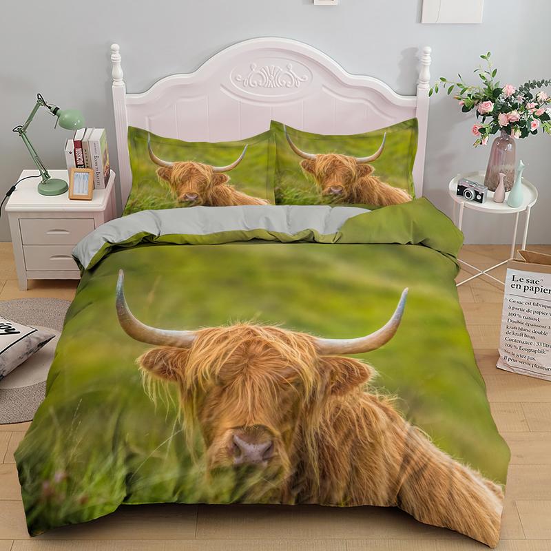 Highland Cattle Duvet Cover Set Flower Pattern Farm Animals Polyester Comforter Cover King Queen Size For Adult Men Bedding Set