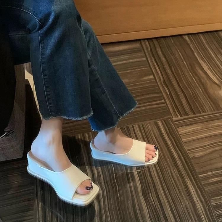 Cowhide Version~ Korean Square Head Slope Heel Open-toed One-word Cool Slippers for Women To Wear 2025 Summer Fashion High-heeled Sandals