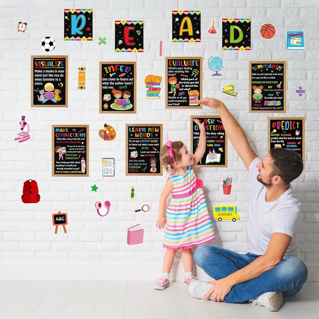 BelleAngle 36pcs Reading Strategy Posters Classroom Decorations Educational Reading Bulletin Board Set for Kindergarten PreSchool Daycare Library