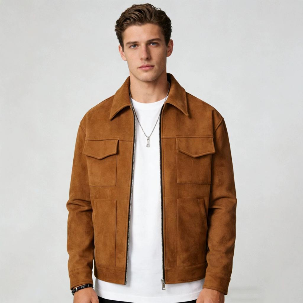 European and American men's jacket suede men's tooling zipper large pocket casual lapel spring and autumn jacket