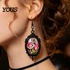 Gothic Earrings for Women 1 Pair Halloween Flower Earrings, Matte Black Oval Alloy Vintage Dangle Lightweight Stained Glass Rose Patterns Jewelry