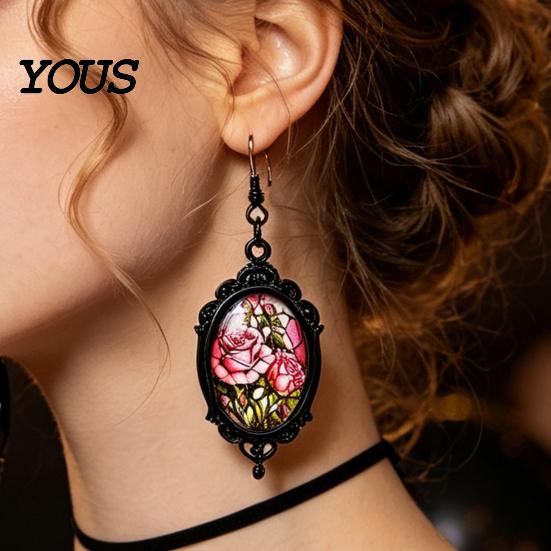 Gothic Earrings for Women 1 Pair Halloween Flower Earrings, Matte Black Oval Alloy Vintage Dangle Lightweight Stained Glass Rose Patterns Jewelry
