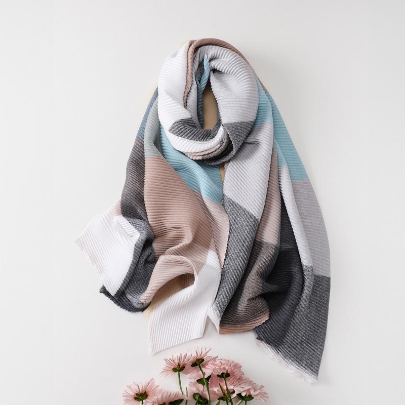 Winter new polyester-cotton multi-color line plaid scarf women's warm long thickened pleated scarf shawl