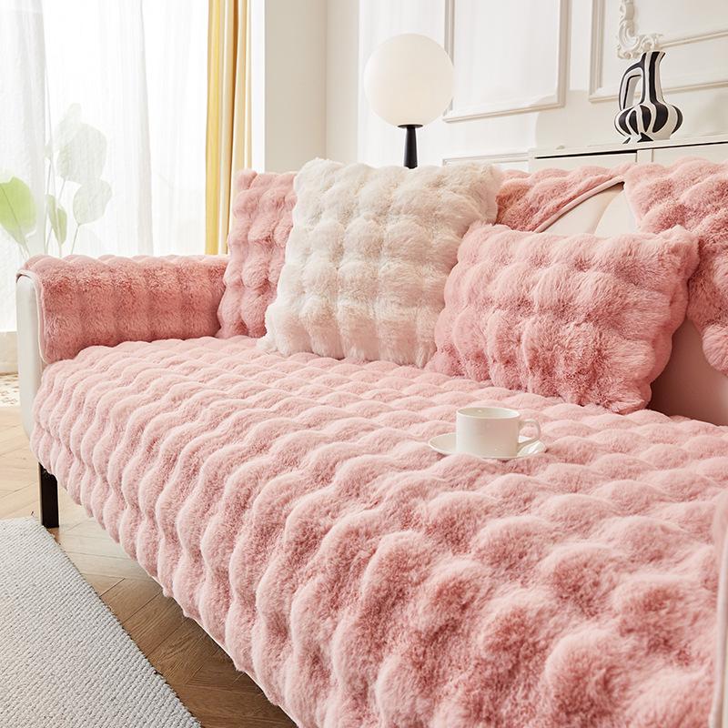 Nordic Minimalist Winter-Style Thick Plush Rabbit Fur Sofa Cushion & Non-Slip Cover