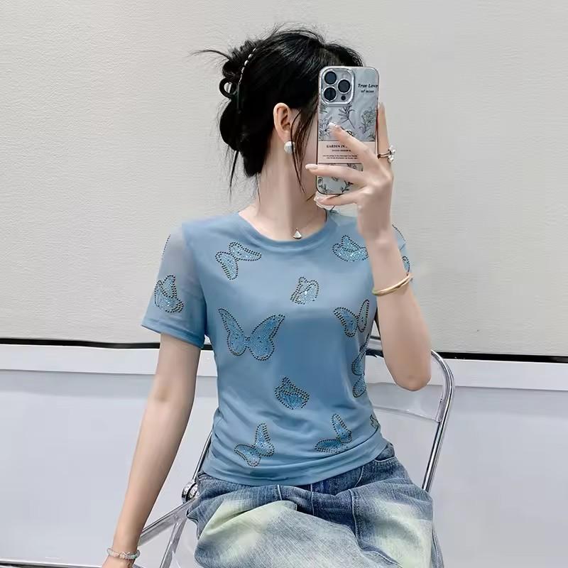 New Slim Mesh Positioning Hot Diamonds Butterfly T-shirt Women's Summer Short Sleeved Tops Sexy Girl Casual Streetwear Tees Clothes