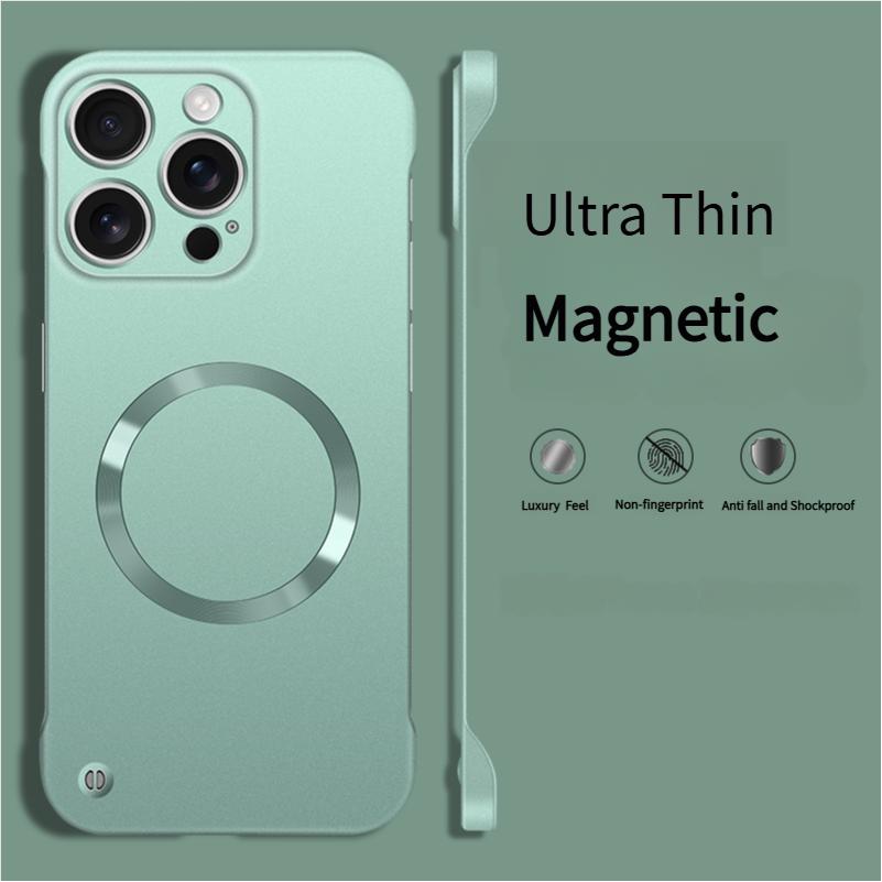 

Ultra Thin Metallic Paint Magnetic For Magsafe Case For 17 Air 16 15 14 13 12 Pro Max Plus Frameless Cooling Hard Cover For iPhone 17 Promax зелений