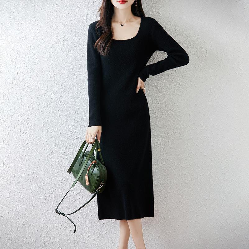 Women Sweater Dress 100% Wool MODERN NEW SAGA U-neck Knit Long Pullover Winter Jumpers Wool Long Dress Female
