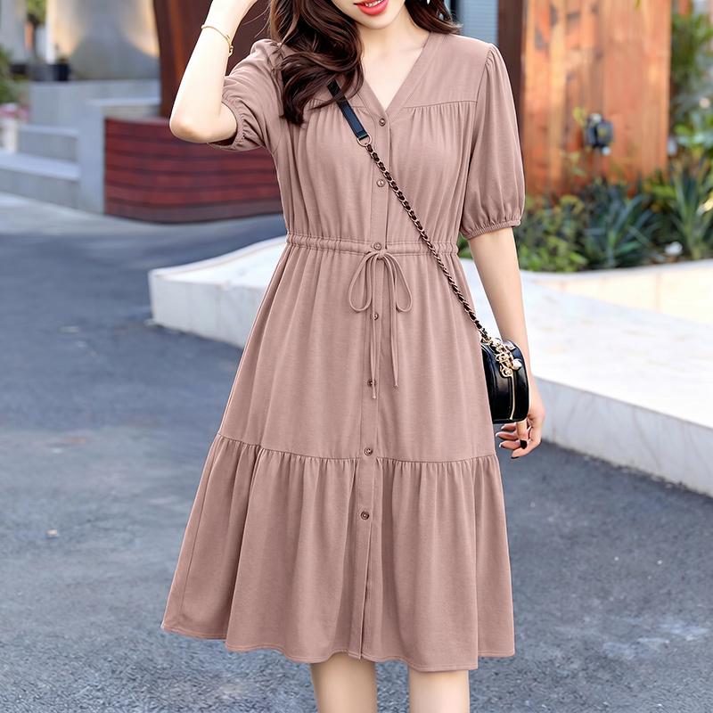 ZANZEA Women Casual V-Neck Solid Color Half Sleeve Drawstring Loose Dress S розовый