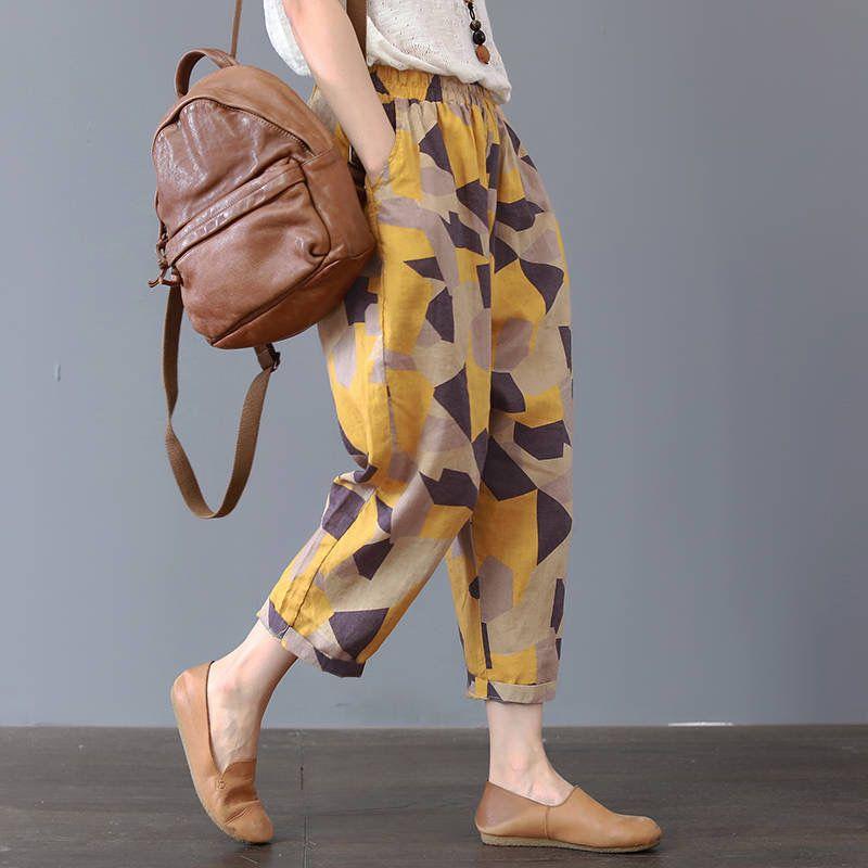 Spring and Summer Women's Harlen Pants Women Cotton and Linen Summer Print Nine-point Harlen Pants Women
