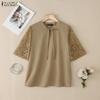 ZANZEA Women Casual Round Neck Lace Splice Short Sleeve Blouse