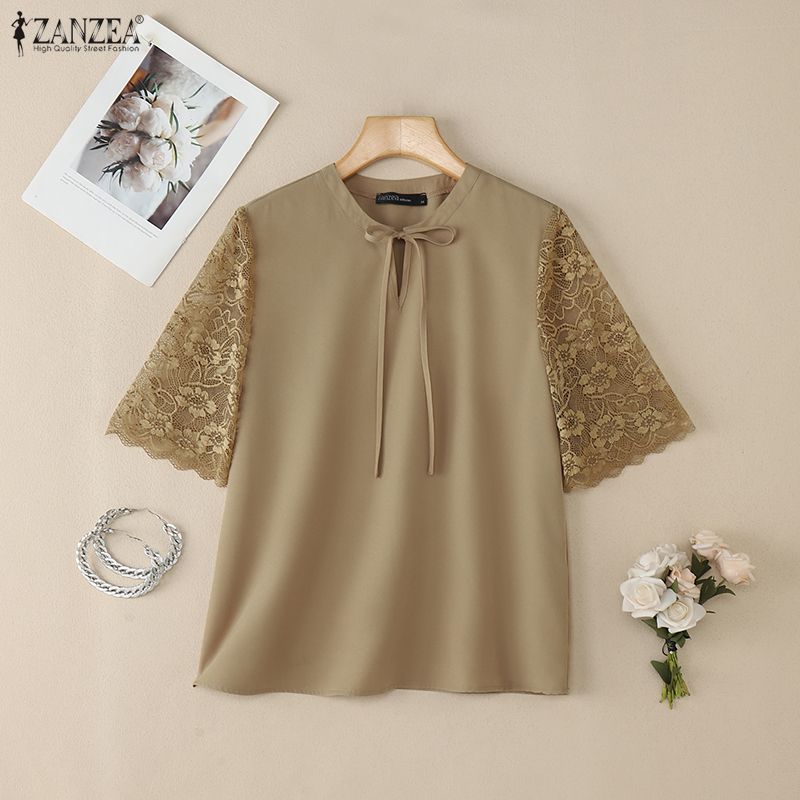 ZANZEA Women Casual Round Neck Lace Splice Short Sleeve Blouse