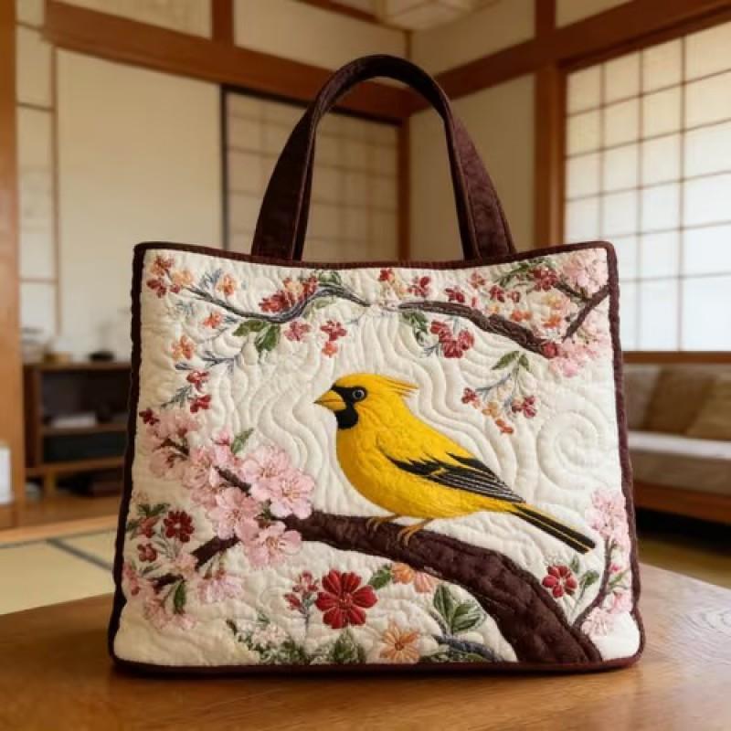 Bird Print Quilted Tote Bag - Fashion Shoulder Handbag Daily Use