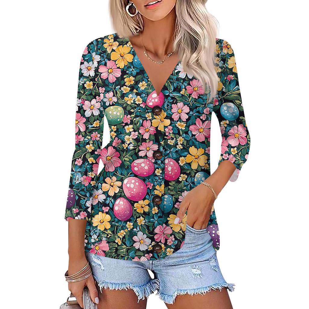 Women's Fashion Casual Print Button-down Shirt 3/4  Sleeve Tops