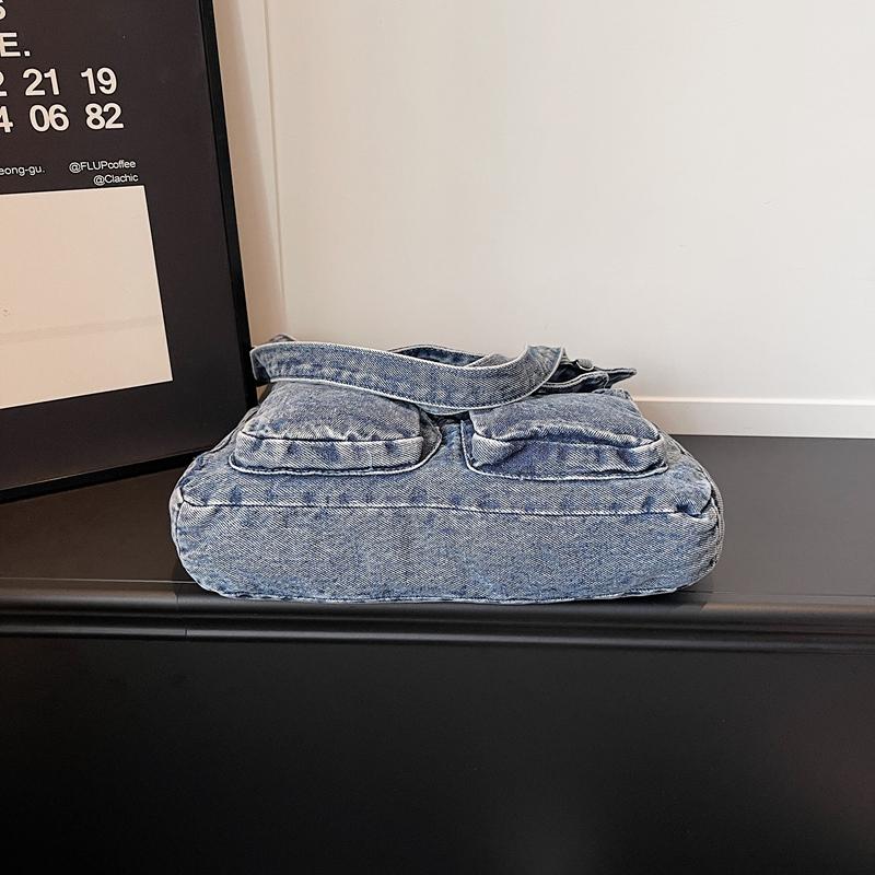 Multi-Pocket Denim Bag Large Capacity Retro Commuter Shoulder Bag