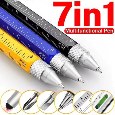 7 In 1 Multifunctional Pen Touch Screen Stylus Capacitive Pen with Screwdriver Ruler Levelgauge Refillable Ballpoint Pencil Tool