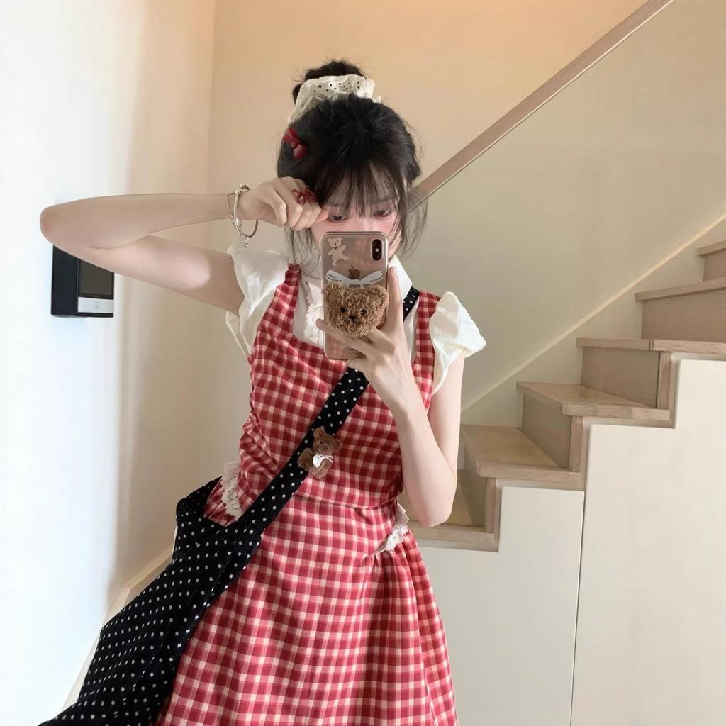 French College Style Red Plaid Dress Children's Summer New Small Fake Two-piece Temperament Skirt