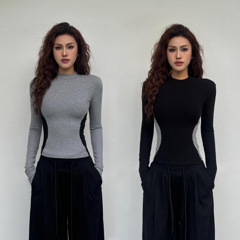 Damen Schlankmachendes Colorblock Langarm-T-Shirt - Halber Stehkragen, Innenlage, Herbst/Winter Trend