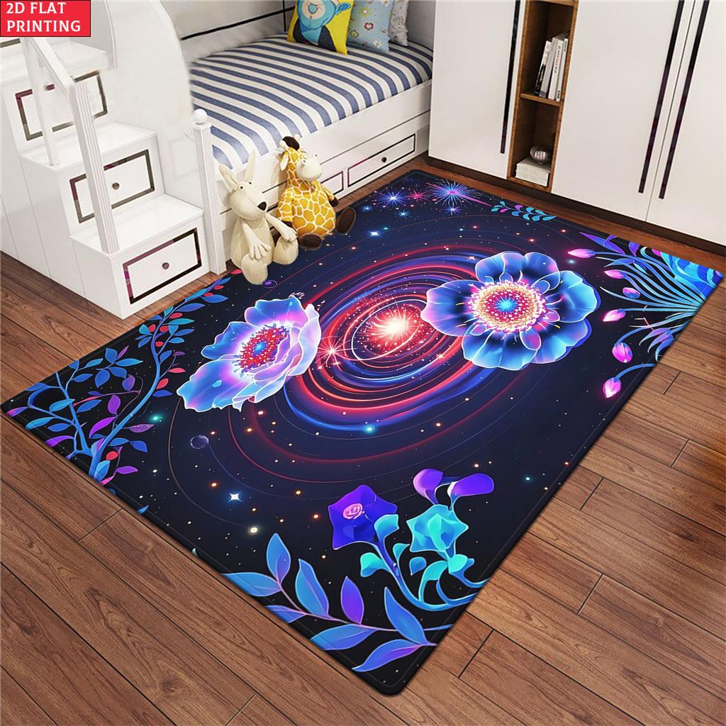Galaxy Floral Area Rug, Psychedelic Space Flower Carpet for Living Room, Non-slip Starry Sky Floor Mat for Bedroom Home Decor