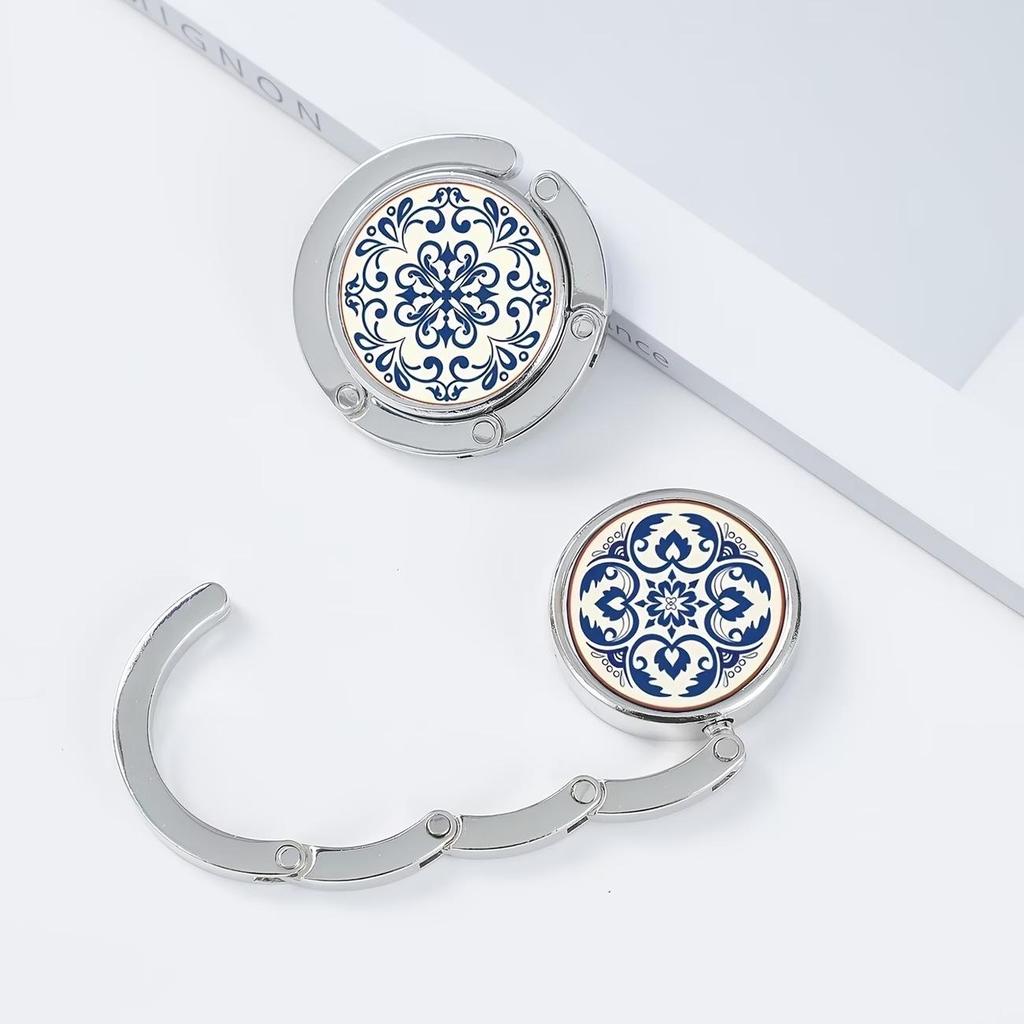 Elegant Blue & White Porcelain Portable Metal Folding Desk Hook for Women's Bag