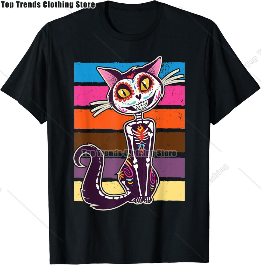 Cute Sugar Skull Cat Dia De Los Muertos Day of The Dead TShirt Mexican Summer Fashion Short Sleeved Tee TopsCasual Tshirt
