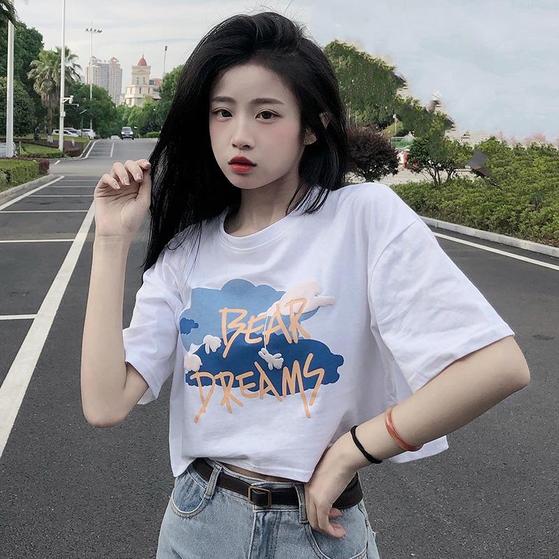 Women's Crew Neck Short Sleeve Crop Top Oversized Fit 3D Foam Bear Letter Print T Shirt Summer High Waist Casual Daily Blouse