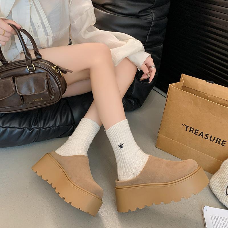 Thick-soled Bag Head Half Slippers Women's Outer Wear Half a Bag of Boken Shoes 2025 New Autumn and Winter Velvet Casual Women's Shoes Half Drag