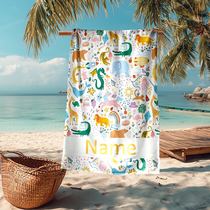 Custom Name Ultra-Soft Beach Towel with Dinosaur Theme,Ideal for Pool - Camping, Diving - Perfect Travel Essential, Vibrant Beach Towel.