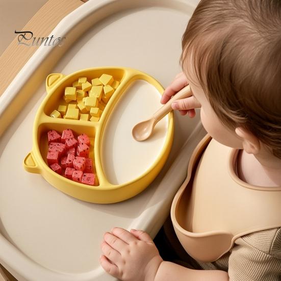 Baby Feeding Set for 6 Months to 3 Years Silicone Suction Plate Toddlers, Cute Bear Shape Unbreakable Divided Toddler Tray Bowl, Non Slip Infants And
