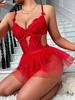 Lace Sexy Lingerie Set Women 2-Piece Red Backless Bodysuit Mesh Ball Gown Bow Panty Intimates Valentine Day Erotic Underwear