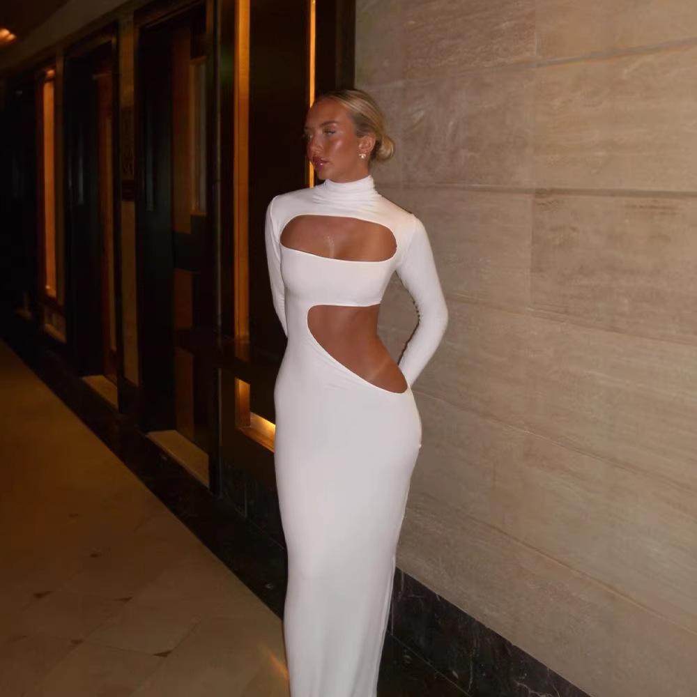European and American style sexy dress women's clothing turtleneck long sleeves hollow tight slim fit solid color temperament long dress