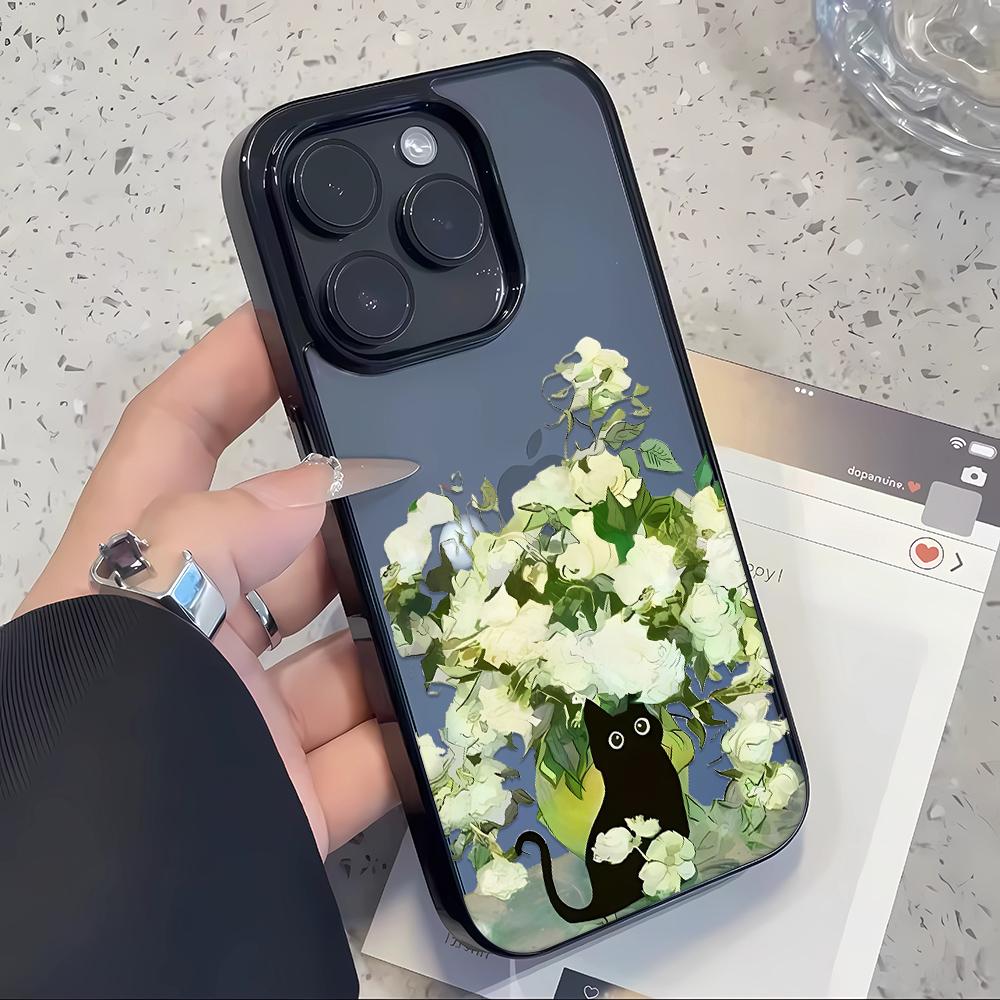Flowers and Black Cat Phone Case For iPhone 17 11 12 13 14 15 16 Pro Max 14 15 16 Plus Shockproof Silicone Clear Bumper Cover