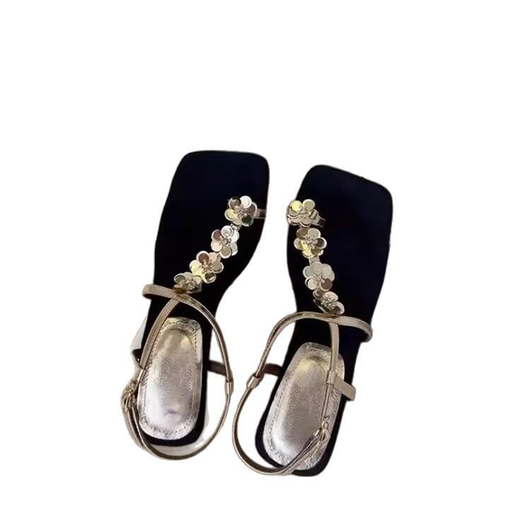 One word with flowers square head temperament fashion sandals women's simple exquisite Roman shoes
