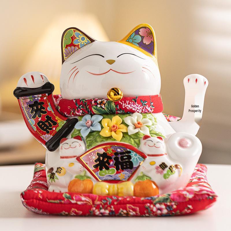 Electric Waving Lucky Cat Ceramic Ornament for Home, Living Room, Shop, or Cashier Desk.