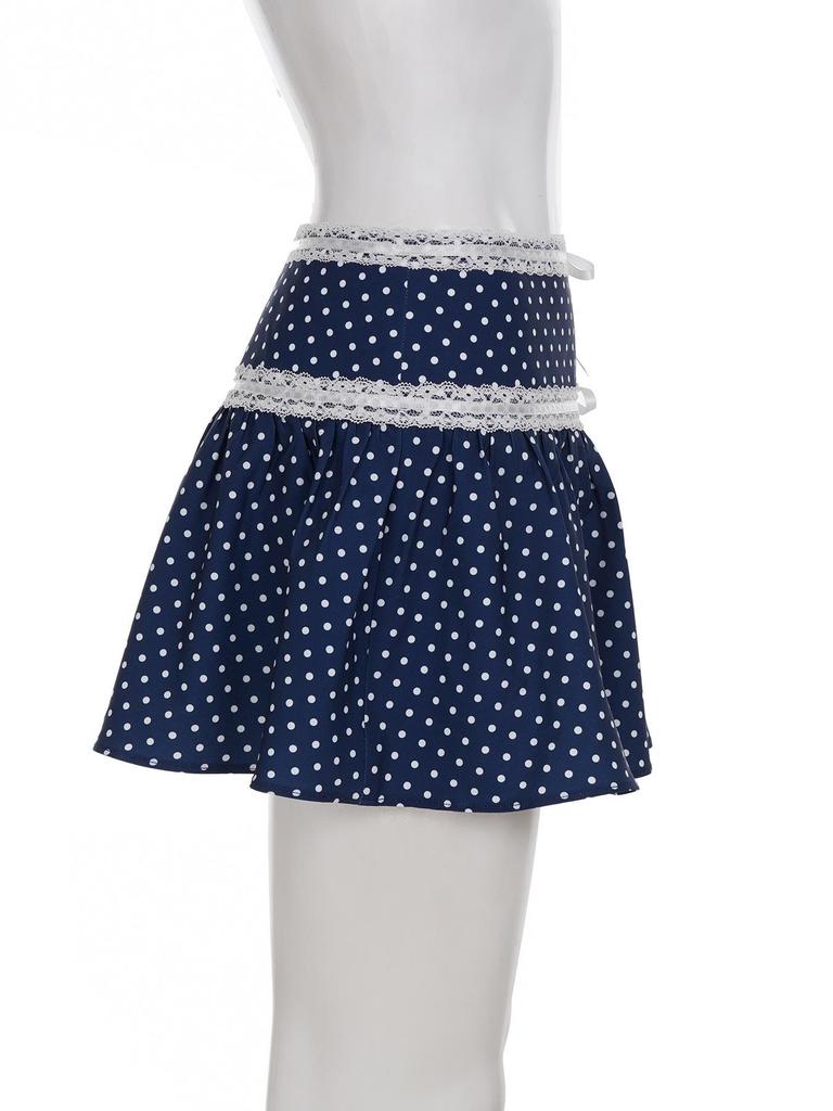 Retro Polka Dot Bow Lace Trim A-line Skirt - Summer Slimming Style