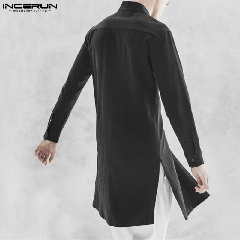 INCERUN Vintage Men Long Sleeve Solid Color Button Up Stand Collar Long Shirts