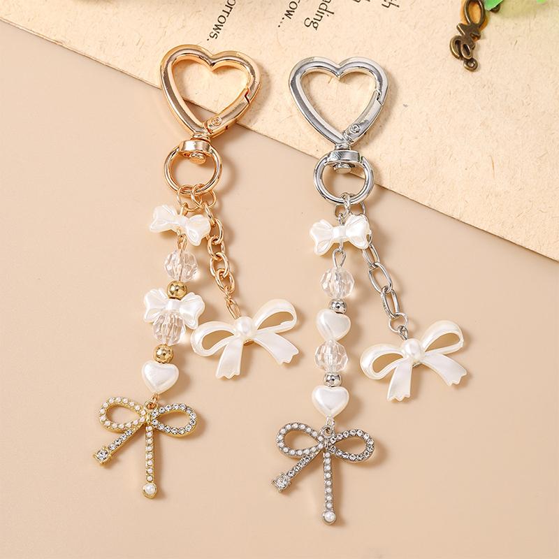 Cute Bowknot Love Heart Keychain Crystal Pearl Key Ring Pendants For Women Girls Handbag Decor Diy Handmade Key Chain Gifts