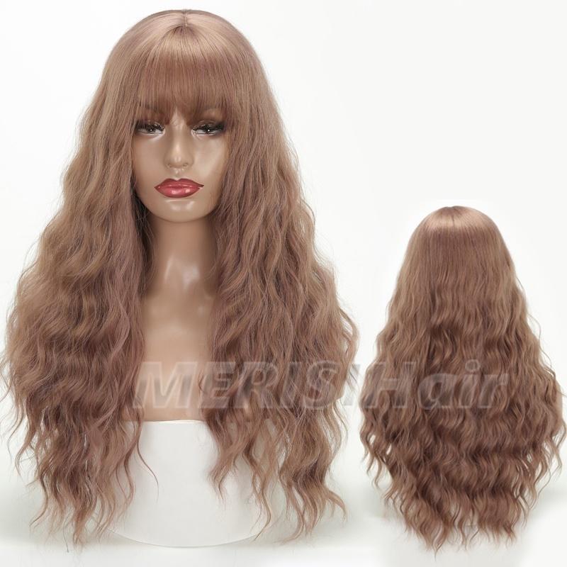 LISI HAIR Damemote langt bølget hår parykk med smell Svart Brun Blond syntetisk fiber parykk med smell Fest Daglig slitasje