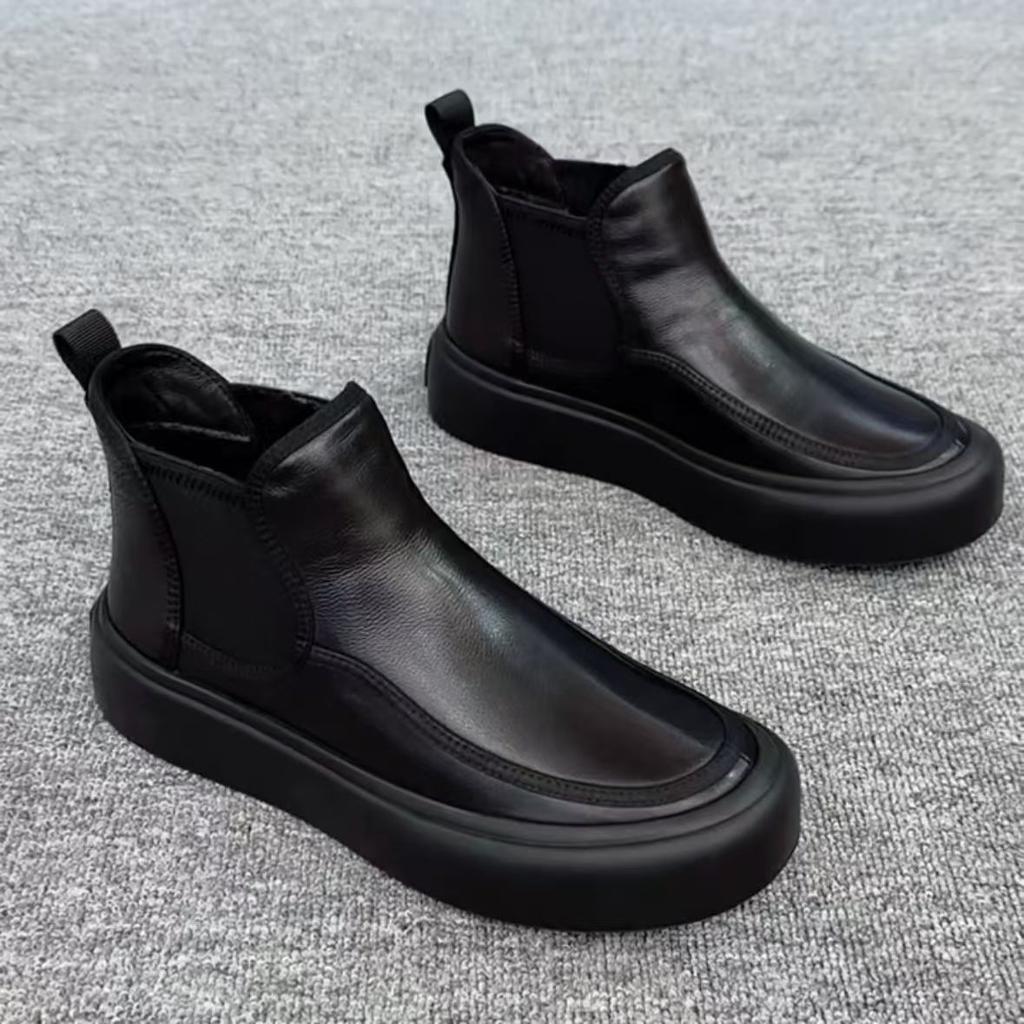 Genuine Leather Men's Boots Black Classic High-quality Thick Bottom Style Leisure and Party Office Outdoor Warm Shoes