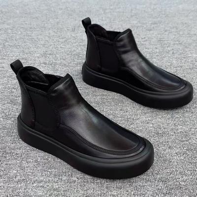 Herrenstiefel aus echtem Leder Schwarz Klassischer hochwertiger Stil mit dicker Sohle Freizeit und Party Büro Outdoor warme Schuhe