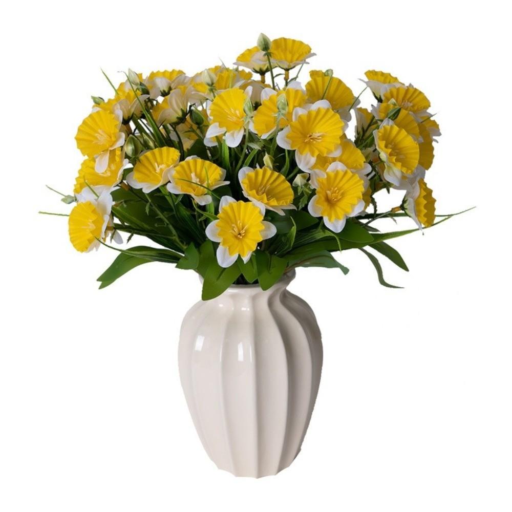 Silk Flower Artificial Daffodil Bouquet Multiple Heads 36cm Simulation Plants Leaves Bridal Bouquets Real Touch Plants