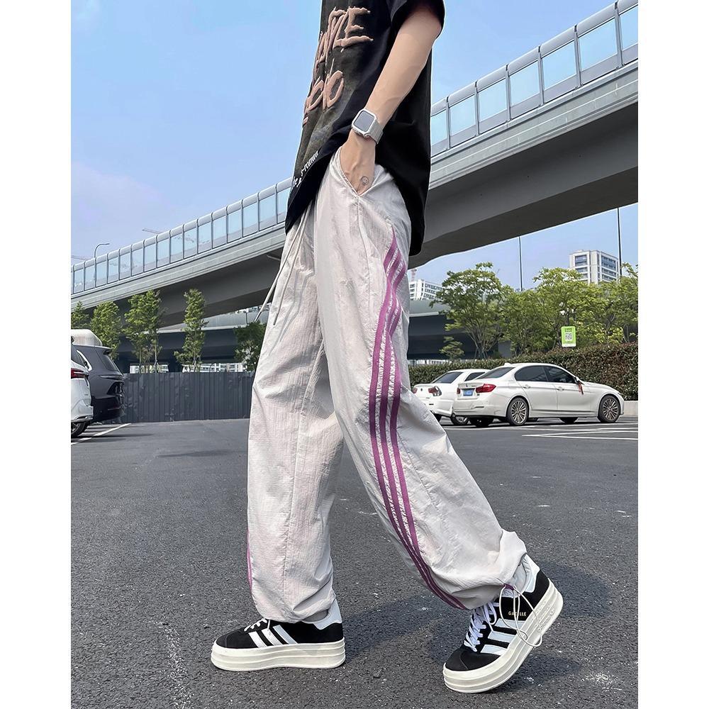 Trendy pants men's summer casual quick-drying sweatpants bar striped straight pants loose ice silk American style