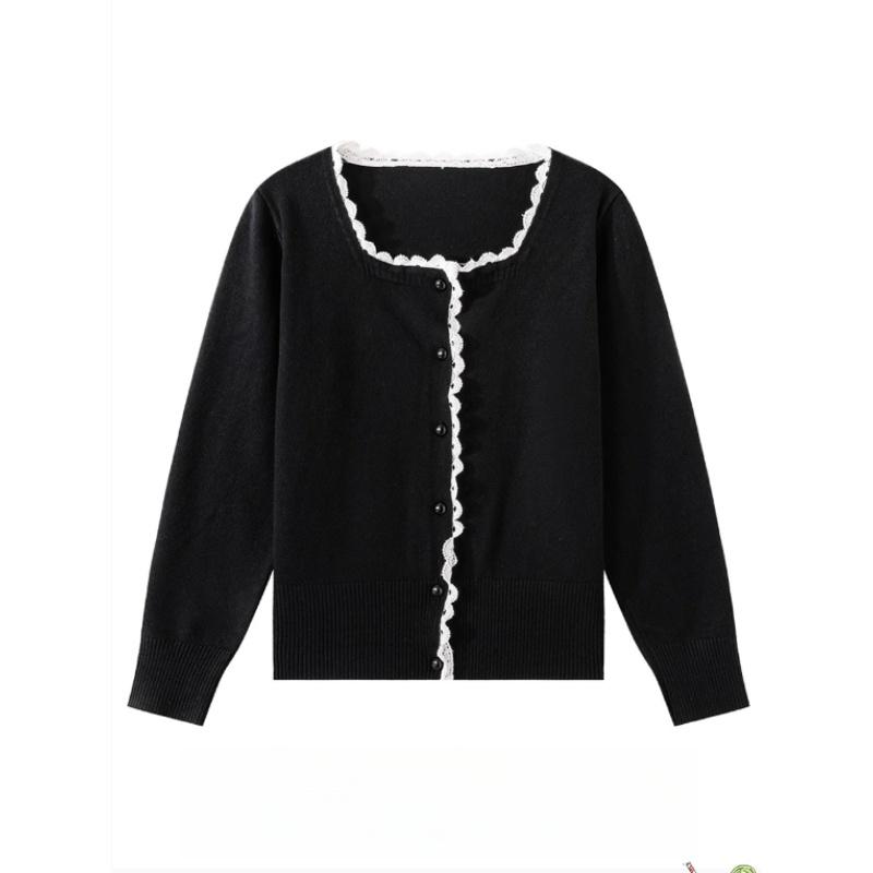 Lace-trimmed Square-neck Long-sleeved Knitted Cardigan for Women's Autumn and Winter, A New Slimming and Form-fitting Sweater